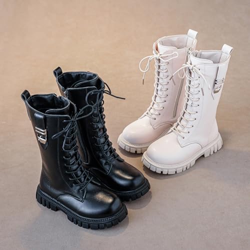 Girls Lace Up Combat Boots Mid Calf Ridding Boots Fashion Waterproof PU Leather Side Zipper Punk Goth Boot 4-12 Years4