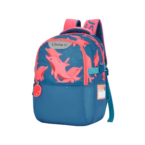 Image of Safari Genius Dolphin 23L Kids Printed Backpack, 2 Compartments, Bottle Holder, Front Pocket, School Bag for Boys and Girls, Bag for Kids, Hidden Pocket