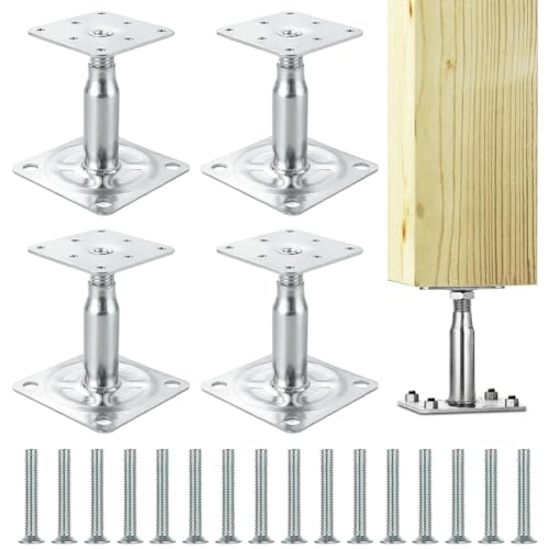 Lot de 4 supports de poteau réglables en hauteur, à visser, galvanisés, à passivation à couche épaisse, supports de poteau galvanisés de 100-150 mm avec 16 vis