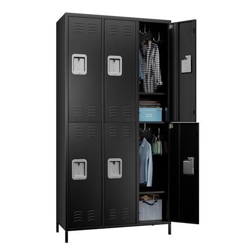 Image of SUPEER 6 Door Metal Storage Locker for Employees,Heavy Duty Steel School Locker with Adjustable Shelves and 18 Hooks,Metal Lockers for Office,Gym,Home,72 inchH x 35.4 inchW x 15.75 inchD,Black,Assembly Required