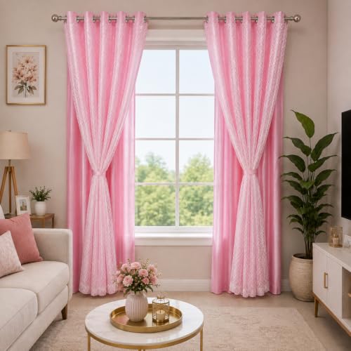 Image of Double Curtains 2 in 1 Embroidery Transparent Curtain with 80% Blackout Curtain Best for Every Interior Living Room (Pink, 9 feet Set 2)