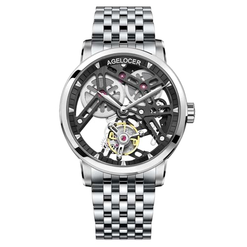 AGELOCER Tourbillon Watches Men, Original Design Ultra Thin Classic Style, Skeleton Manual Mechanical Watch, Waterproof Dress Watch Gift