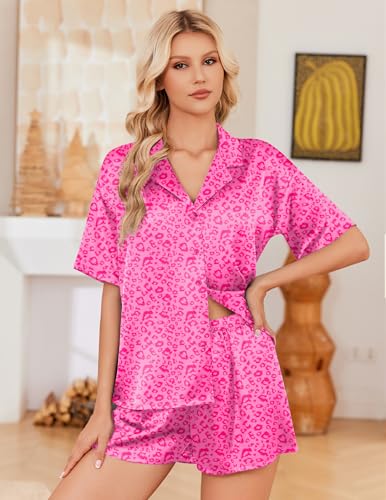 Image of Ekouaer Womens Satin Pajama Set Short Sleeve Button Down Sleepwear 2 Piece Silky Pj Set Soft Loungewear for Ladies