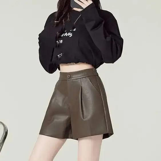 Pantalones cortos de otoño e invierno para mujer, cintura alta, estilo coreano, holgados, de pierna ancha, café, S