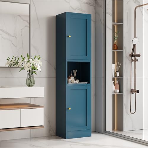Image of 67 inch Tall Narrow Storage Cabinet with Doors and Open Shelf,Metal Pantry Cabinet,Shaker Style Slim Cabinet with Adjustable Shelves,for Bathroom Kitchen Laundry Small Spaces,Blue, 1Pc
