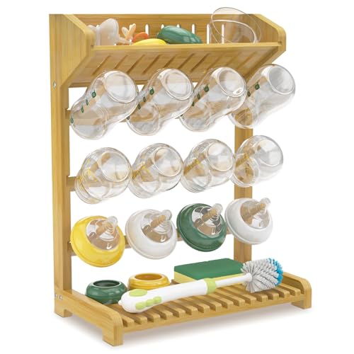 EsLuker.ly Baby Bottle Drying Rack Bamboo Vertical Dryer Holder