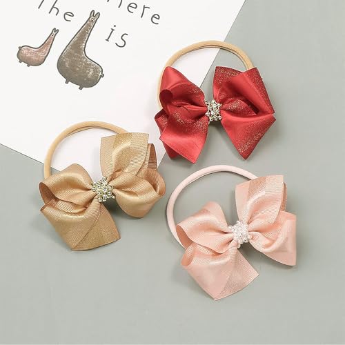 Baby Girls Ribbon Bow Elastic Nylon Headband with Crystal Crown Toddler Bow-knot Stretchy Hair Band Birthday Party Hair Bow Accessories for Newborn Infant (Beige 3, Elastic)2