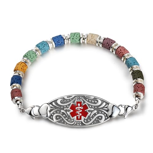 Custom Women's Medical Alert Bracelets with Free Engraving - Natural Lava Rock Stone Beaded Emergency Bracelet for Women Medic ID Jewelry for Allergy, Diabetes, Epilepsy,6.0-9.0 Inches