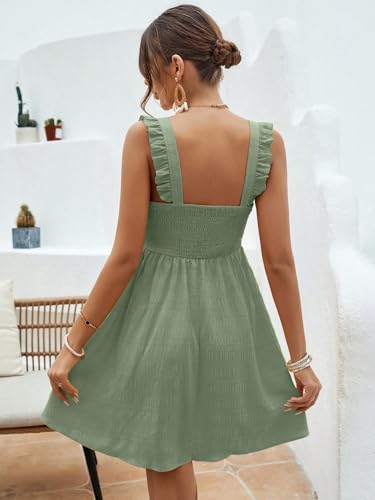 Image of SISKIN Women's Summer Spaghetti Strap Sleeveless Square Neck Ruffle A Line Swing Mini Dress 2025