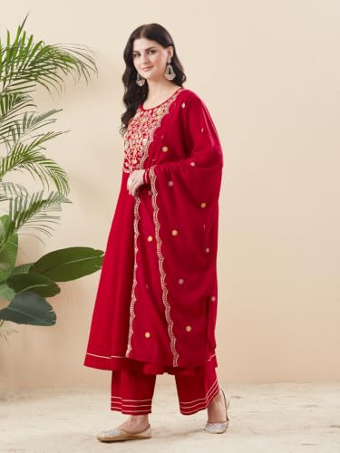 Image of MOKOSH Women's Cotton Anarkali Kurta Palazzo with Dupatta | Anarkali Kurta Set | Round Neck Full Sleeve | 3 Piece Outfit | Indian Kurta Outfit With Palazzo Pant | Embroidered