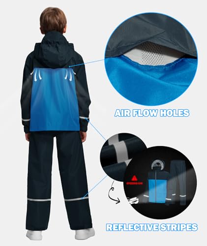 Image of Kids Rain Suit Jacket and Pants Set with Reflective Strips Adjustable Hood Flap Pocket for Boys Girls