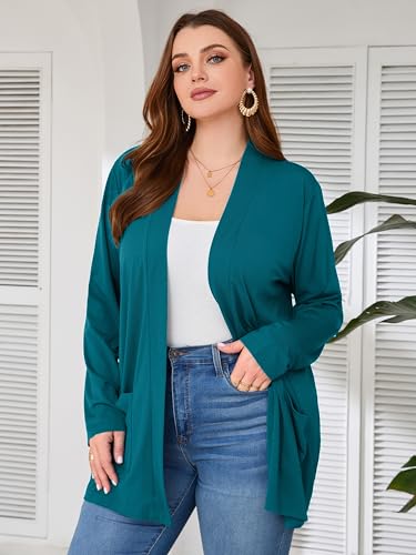 Image of AusLook Plus Size Lightweight Cardigans for Women Open Front Pockets Jacket | 1X-5X,Soft Stretch,Long Sleeve,Longline Coverage,Dress Jeans Layer,Work Travel Style,Spring Fall Wear