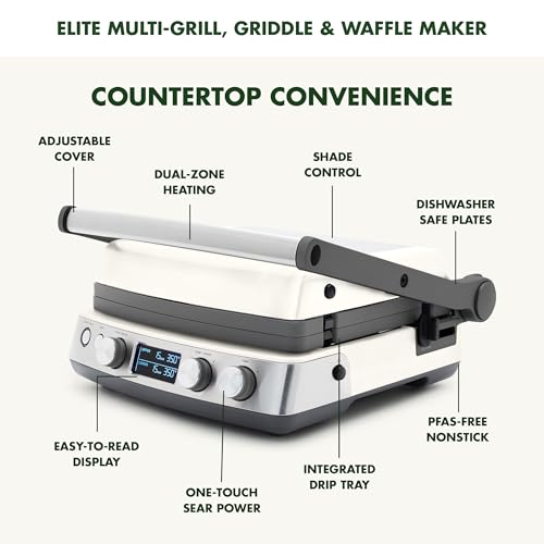GreenPan Elite 7-in-1 Multi-Function Contact Grill & Griddle, Healthy Ceramic Nonstick, Grill & Waffle Plates, Adjustable Shade & Shear, Closed Press/Open Flat Surface, PFAS-Free, Cream White