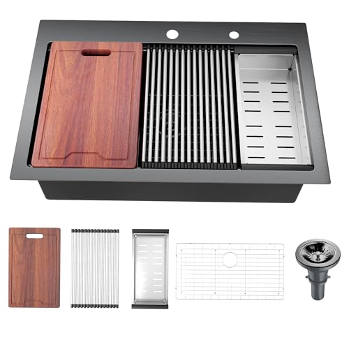 ARAUSK Nano - Fregadero de cocina de 33 x 22 pulgadas, fregadero de cocina de acero inoxidable mate de calibre 18, fregadero de estación de trabajo de 10 pulgadas de profundidad, fregadero de montaje