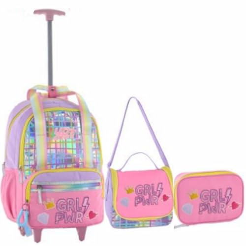 Kit Mochila de Carrinho Holográfica Girl Power Escolar Juvenil Feminino Escolar 2026 (LILÁS)