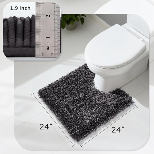 Image of Yimobra Toilet Rugs U Shaped Washable, Extra Thick Soft Absorbent Chenille Contour Bathroom Rugs for Toilet 24x24 Inch, Quick Dry Non Slip Toilet Mat for Bath Floor, Dark Grey