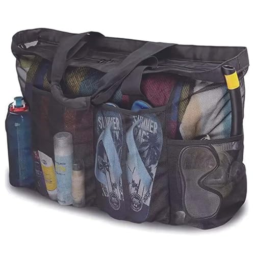 Kaket 1pc Extra Large Beach Bag, Mesh Bag with Zipper and Pockets Ideal for Your Family Beach Trip Large Capacity Finishing Organizer Bag