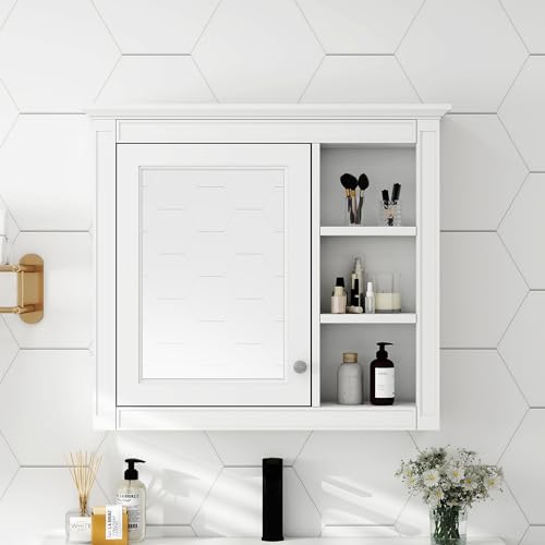 Merax Bathroom Medicine Cabinet with Mirror, Wall Mounted Bathroom Storage Cabinet with Mirror Door & 3 Adjustable Opening Shelf, Over The Toilet Space Saver Storage Cabinet