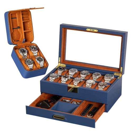 Gift Set 10 Slot Leather Watch Box With Valet Drawer & Matching 5 Watch Travel Case - Luxury Watch Case Display Organizer, Locking Mens Jewelry Watches Holder, Men's Storage Boxes Glass Top Blue/Tan #TOP16