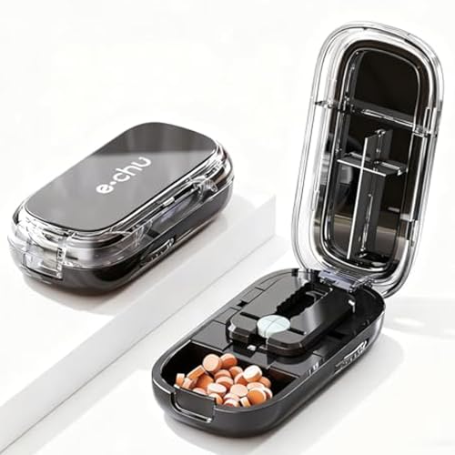 E Chu Pill Cutter - Pill Cutter Splitter for Small and Tiny Pills Larger Pills - 1/2 1/4 Adjustable Splitter - Improved Sharp Blade & Centering Device (Black 1)