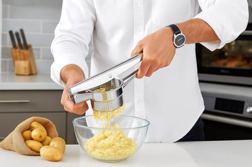 Image of CAMDEN Stainless Steel Potato Masher Polish, Soft Grip, Attractive Design, Ideal for Mashing Vegetables and Pressing Paratha, Chapati - Silver, 7x15 cm, 152g