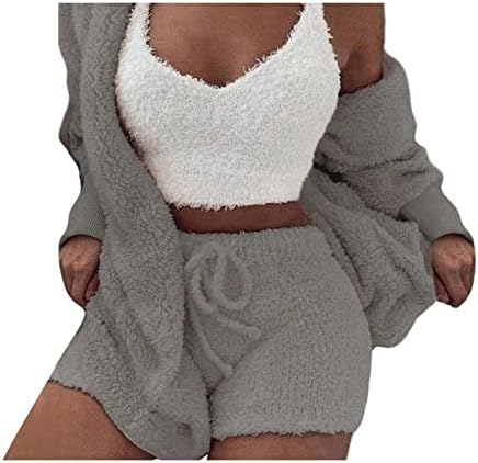 Famnbro Womens Sexy Fuzzy 3 Piece Outfits Fleece Warm Hooded Cardigan Crop Top Shorts Set Pajamas Loungewear
