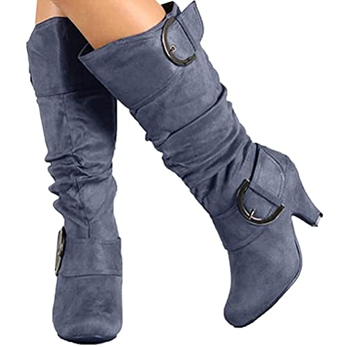 Onsoyours Mujer Botas Largas De Gamuza Casual Tacones Aguja Altos Zapatos Otoño Invierno Retro Botas Altas Calentar Moda Gris 44