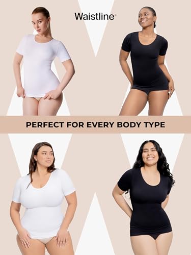 WAISTLINE Women's Compression Seamless T-Shirt - Short Sleeve Body Shaping & Tummy Control Tee - Scoop Neck T Shirt