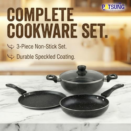 Image of 3-Piece Non-Stick Cookware Set - Tawa, Kadai with Glass Lid & Frying Pan | 3-Layer Non-Stick Coating | Induction & Gas Stove Compatible | Bakelite Cool-Touch Handles | Durable & Easy to Clean