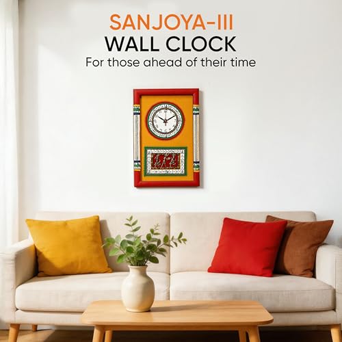 Image of AAKRITI ART CREATIONS Wall Clock Handcrafted Warli Art Yellow Dial with Glass Frame Red | Wall Clock for Home, Home Decoration | Lightweight Wooden wall Decor | Matte Finish
