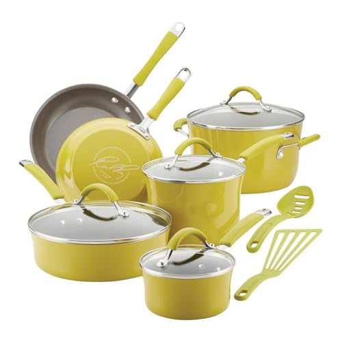 HJZSZX Juego de ollas y sartenes antiadherentes para cocina, 12 piezas, color morado lavanda y verde limoncillo, 12 piezas