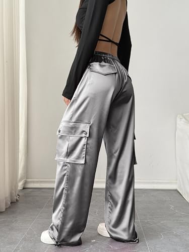 heipeiwa Women's Satin Cargo Pants Wide Leg Straight Multi Pockets High Waisted Baggy Casual Trouser Party Dressy Outfit3