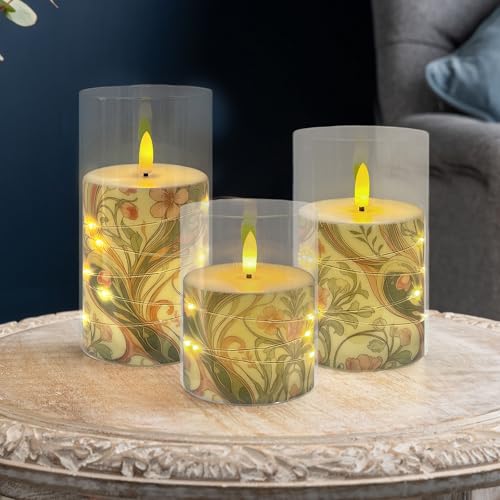Image of Flickering Flameless Candles Pink Floral, Embedded Star String Lights, Battery Operated Acrylic LED Pillar Candles with 11-Key Remote and Timer for Home Decoration, 3 Pack