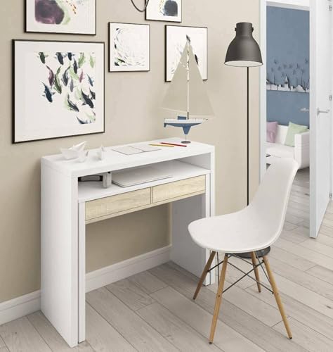 Dmora - Scrivania Billings, Scrivania con piano estensibile, Scrittoio porta PC con 2 cassetti, 99x36h88 cm, Bianco e Rovere