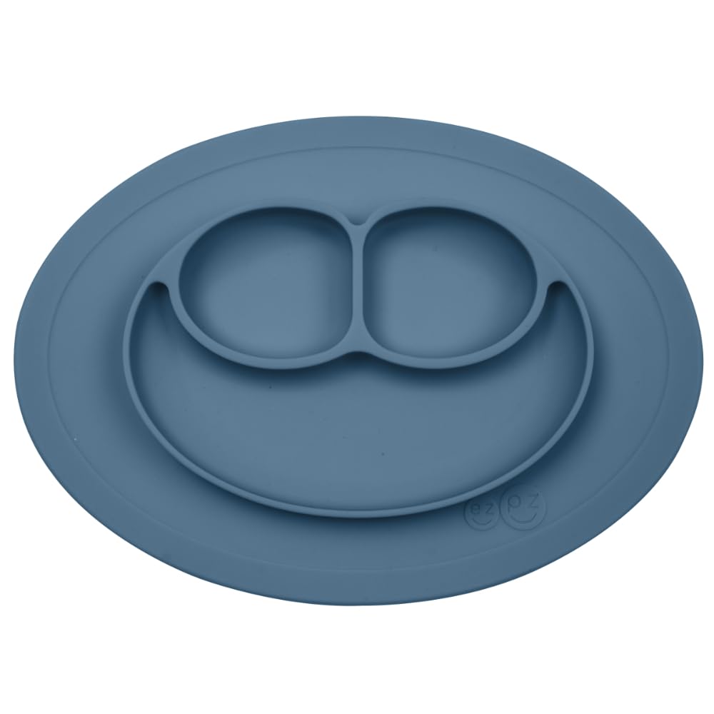 ezpz Mini Mat - 100% Food Grade Silicone Suction Divided Plate with Built-in Placemat for Infants + Toddlers Promotes Baby Self-Feeding for Highchair, Dining Table - Microwave Safe - 6 months+(Indigo)-image-3