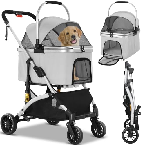 MAMIZO Passeggino per cani 3 in 1, fino a 20 kg, passeggino portatile per animali, Portabicchieri e ammortizzatori,con finestre a rete, 4pcs ruote 360°, Gatti e cani di piccola taglia,Grigio Argento