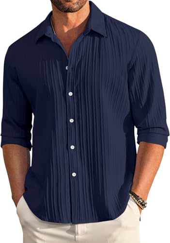 Image of FINIVO FASHION Men's Casual Cotton Plain Button Down Shirt Long Sleeve Textured Summer Beach Shirt for Men