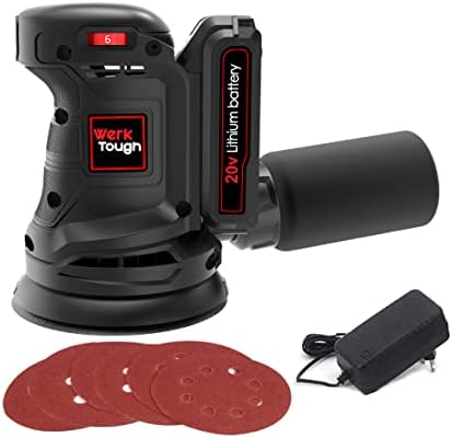 WERKTOUGH SA002 20v Cordless Random Orbital Sander 6-step Speed with 2.0A Battery and Fast Charger 1pcs 125 Sander Wheel and 3pcs 125mm Sander Paper with Dust Bag
