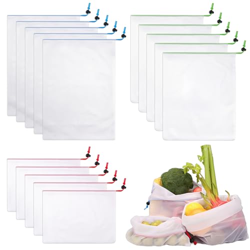 15 Stück Obst- und Gemüsebeutel, Wiederverwendbare Netzbeutel mit Kordelzug, Durchsichtige Faltbar Mesh Bag, 3 Größen Einkaufstasche Netzbeutel zur Aufbewahrung von Obst, Gemüse und Spielzeug