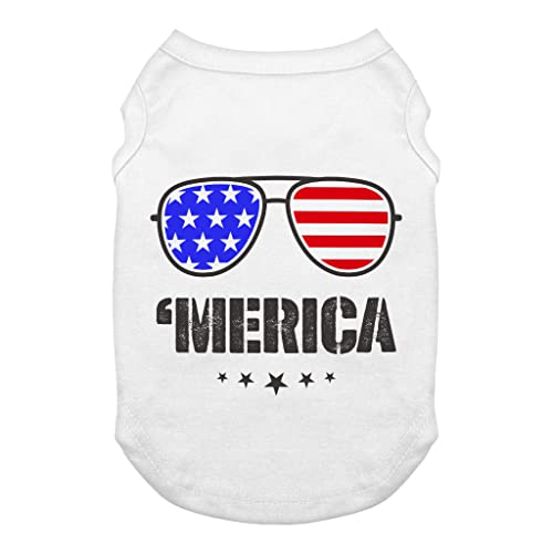 USA Flag Sunglasses Dog Tank - Glasses Dog T-Shirt - Cool Dog Clothing - White, M
