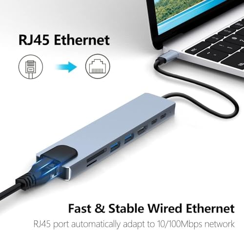 Image of USB-C Hub /Docking Station(8-in-1) with 4K 30Hz HDMI, 100 Mbps Ethernet, USB 3.0, microSD /SD Card Reader, Type-C Data, PD Charging, USB 2.0, Type-C Plug for Laptop, Mac, PC (8-in-1)