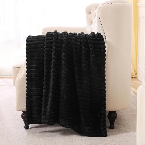 Linecooo Black Fleece Throw Blanket 50”×60” for Couch Sofa Bed,Super Soft Cozy Plush Microfiber Flannel Blanket with Stripes Design Lightweight for Adults,Woman,Girls