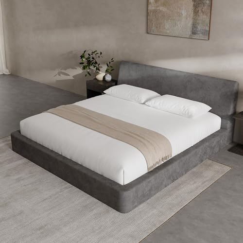 Image of RECCI AirFrame King Size Bed Frame with Ergonomic Angled Foam Cushioned Headboard, Minimalist Design Platform Bed Frame, No Box Spring Needed, Easy Assembly (Moon Grey)
