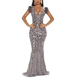 PORRCEY Sexy Women Sparkly Sequins Deep V Neck Bodycon Maxi Dress Party Club Evening Dress (Y9259,Gray,S)