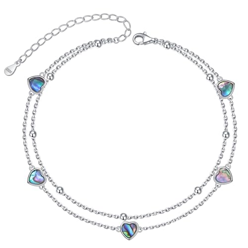 Image of Flyow Anklet for Women S925 Sterling Silver Adjustable Foot Beaded Heart Charm Ankle Bracelet Anklets Jewelry