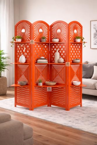 Image of Wooden Room Divider 6 Feet, 4-Panel Folding Wooden Partition for Living Room, Office, Pooja Room, Restaurant, Kitchen & Balcony (2W x 1.82H Meters). (Orange)