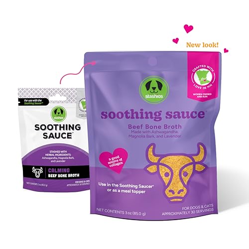 Image of Stashios Soothing Sauce Beef Bone Broth Calming Powder Supplement for Dogs & Cats, All Natural Anxiety Relief, Made in The USA, 3 oz
