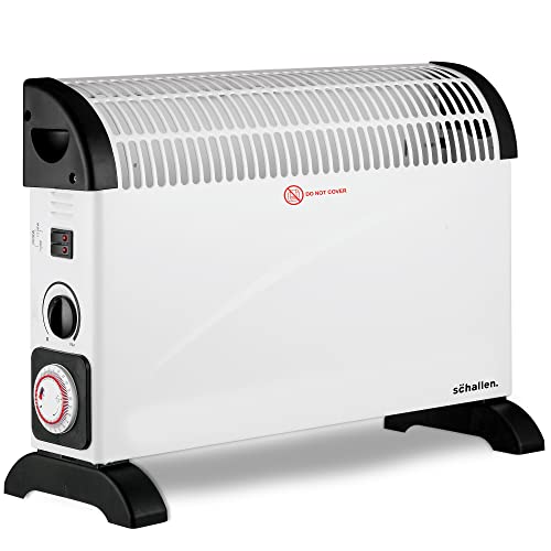 Schallen 2000W Electric Convector Radiator Heater - 3 Heat Settings, Adjustable Thermostat & Overheat Protection (White with Timer)