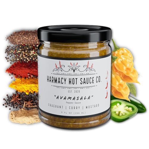 Avamasala - Curry Mustard Pepper Sauce by Harmacy Hot Sauce, 9oz, Small-Batch Gourmet Spicy Mustard Sauce with Curry Spices for Dips, Sandwiches & Marinades, Vegan, Gluten-Free, Nut-Free