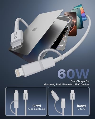 Image of FEDUS ZETTA-X7I 2 in 1 Type C to C & Lightning Cable 1M,60W PD Fast Charging Dual Cord, Apple CarPlay Supported,Dual Charger Wire for iPhone15 /14 /13 /12 /11 iPad MacBook Samsung S26 /25 /24 Ultra Android